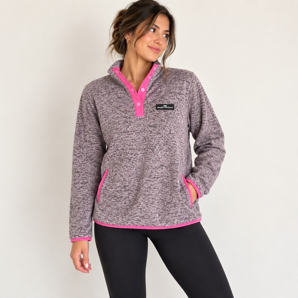 Simply Southern Womens Purple Marl Quarter Snap Fleece Pullover Sweater Large
